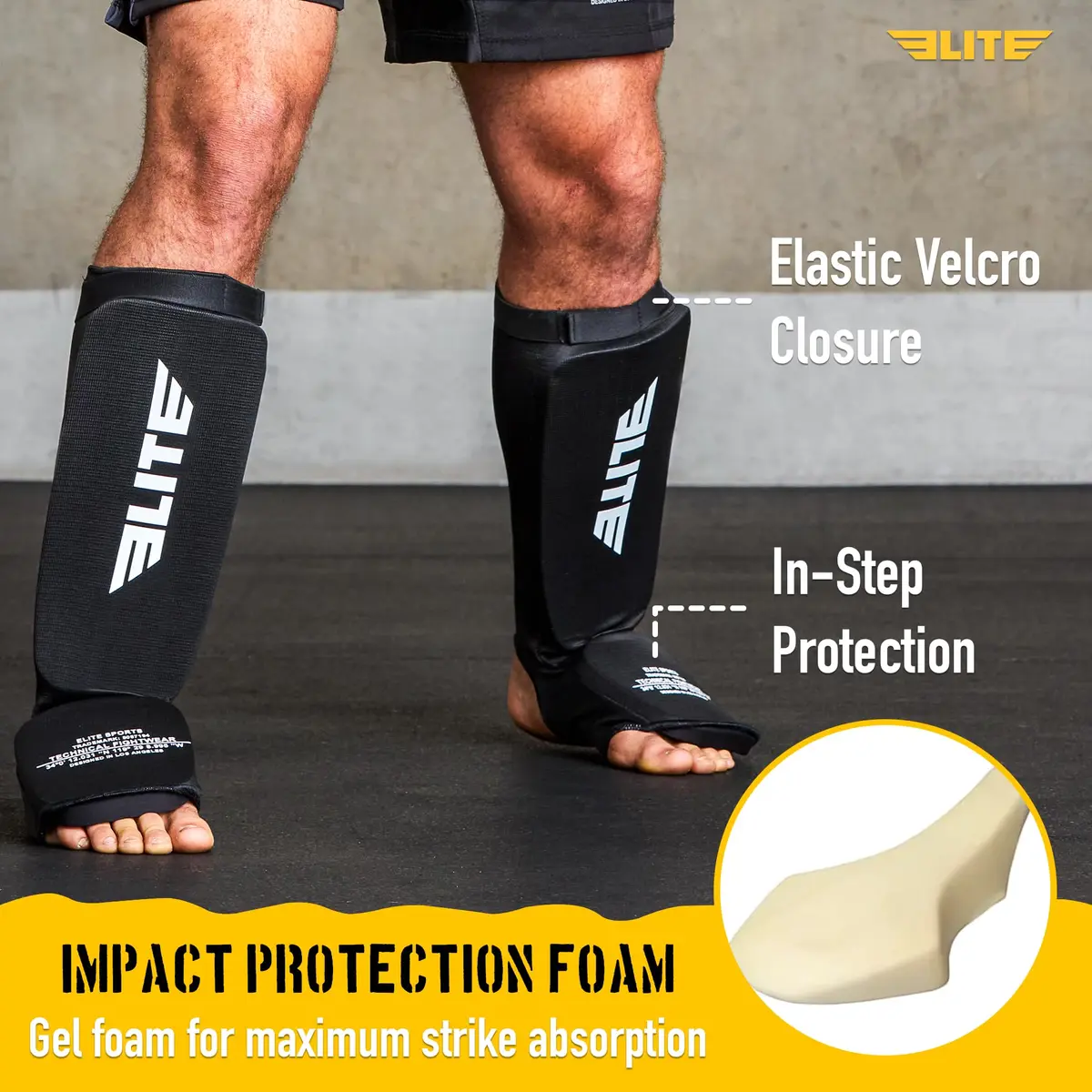 Elite Sports MMA Shin Pads with Instep Guard for Muay Thai & Kickboxing Training, Adult/Youth S/M Black/White - view 2