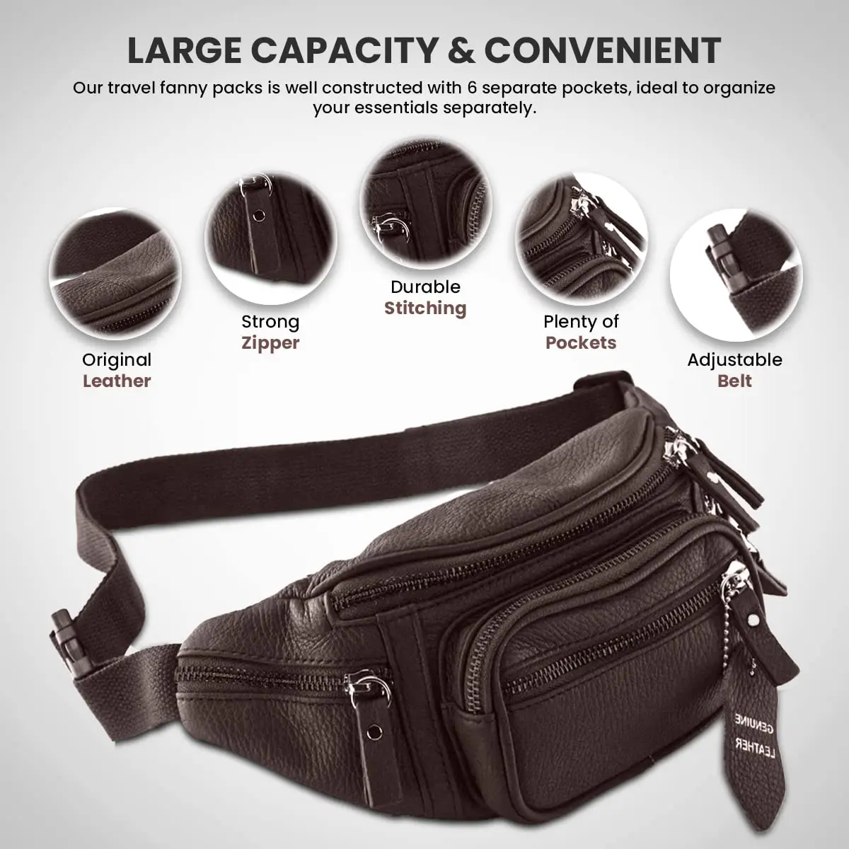 Nabob Leather Fanny Pack Waist Bag for Men & Women | Genuine Cowhide Leather, 6 Pockets, Adjustable Strap, Ideal for Travel & Outdoor - view 3
