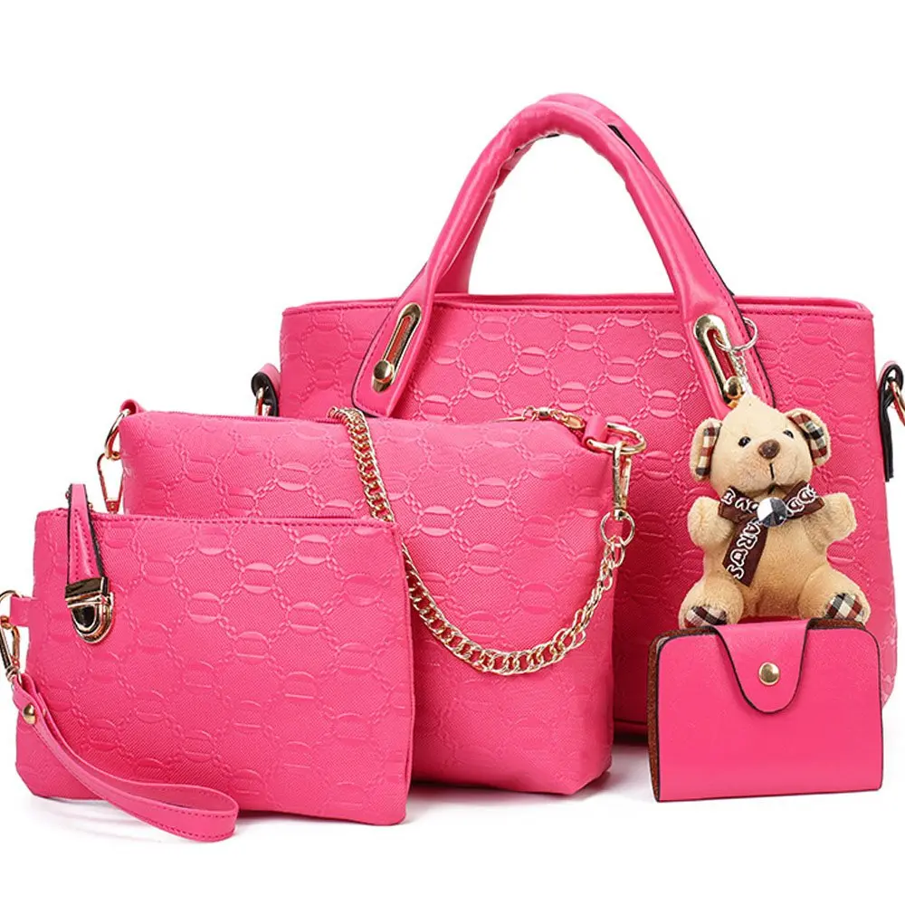 FiveloveTwo Women 4 Pcs Top Handle Satchel Set | Large Tote +Purse +Shoulder Bag+Card Holder in Pink - main product image