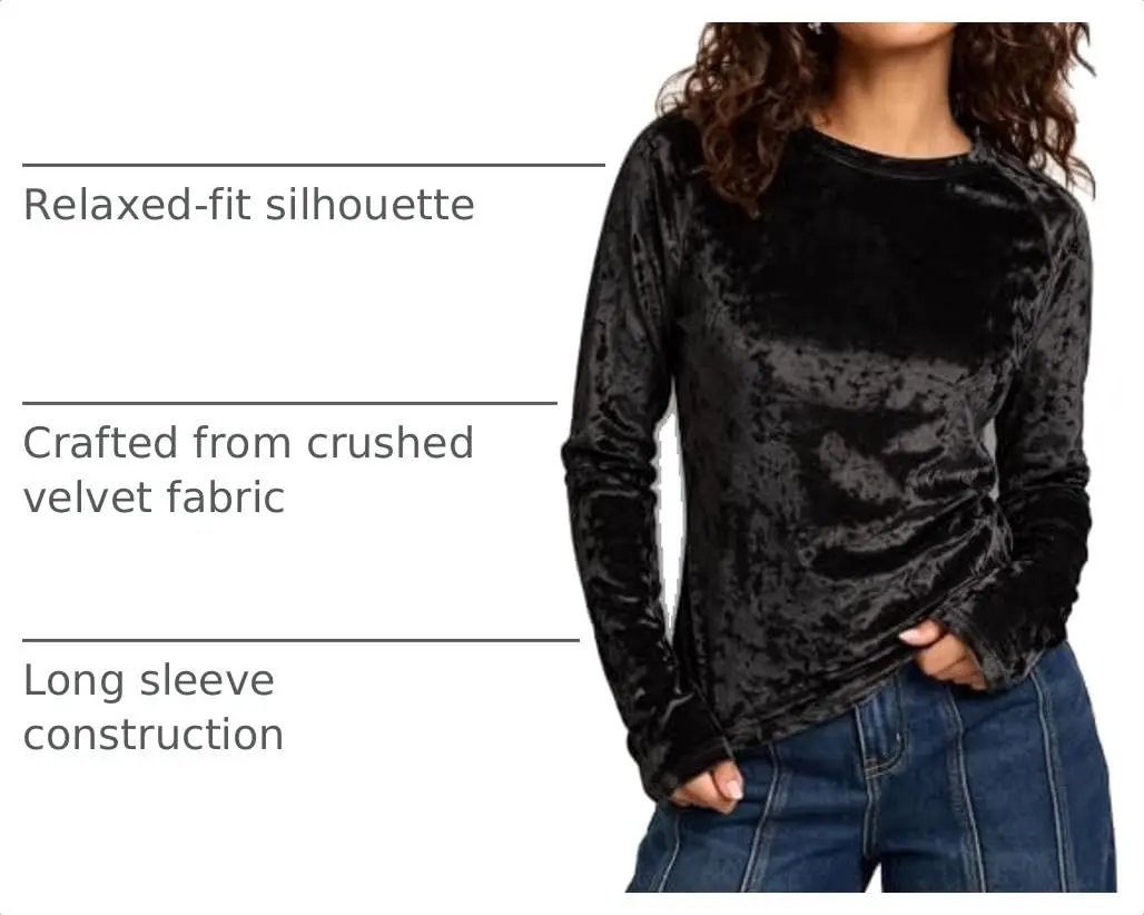 Urban CoCo Vintage Velvet T-Shirt Casual Long Sleeve Top (M, Black) | Elegant Velvet Design for Daily & Party Wear - view 4