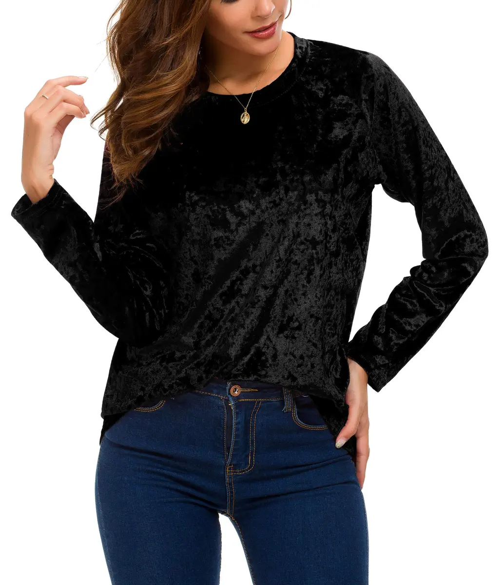 Urban CoCo Vintage Velvet T-Shirt Casual Long Sleeve Top (M, Black) | Elegant Velvet Design for Daily & Party Wear - view 5