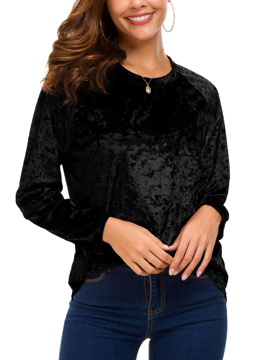 Urban CoCo Vintage Velvet T-Shirt Casual Long Sleeve Top (M, Black) | Elegant Velvet Design for Daily & Party Wear - view 6