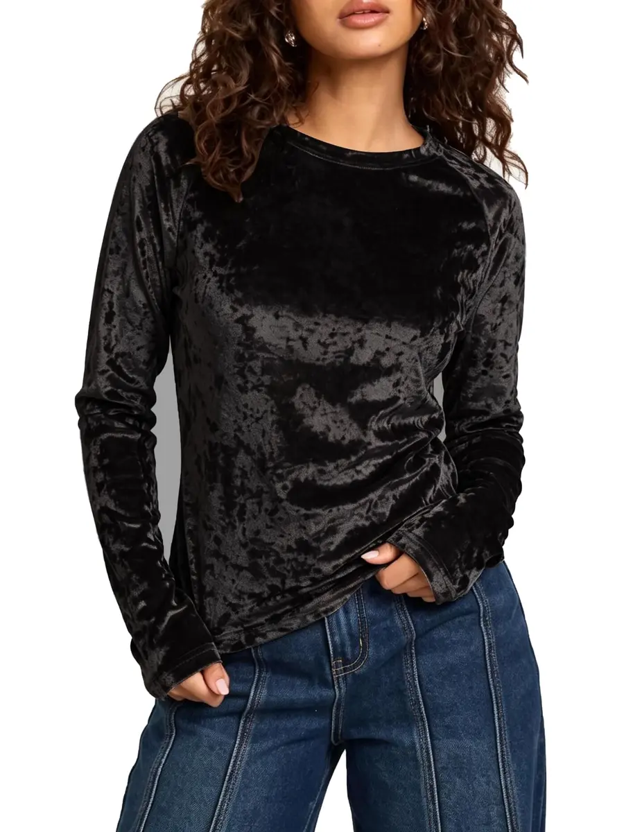 Urban CoCo Vintage Velvet T-Shirt Casual Long Sleeve Top (M, Black) | Elegant Velvet Design for Daily & Party Wear - main product image