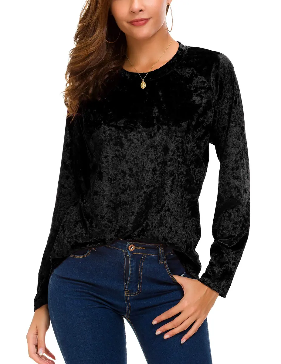 Urban CoCo Vintage Velvet T-Shirt Casual Long Sleeve Top (M, Black) | Elegant Velvet Design for Daily & Party Wear - view 2