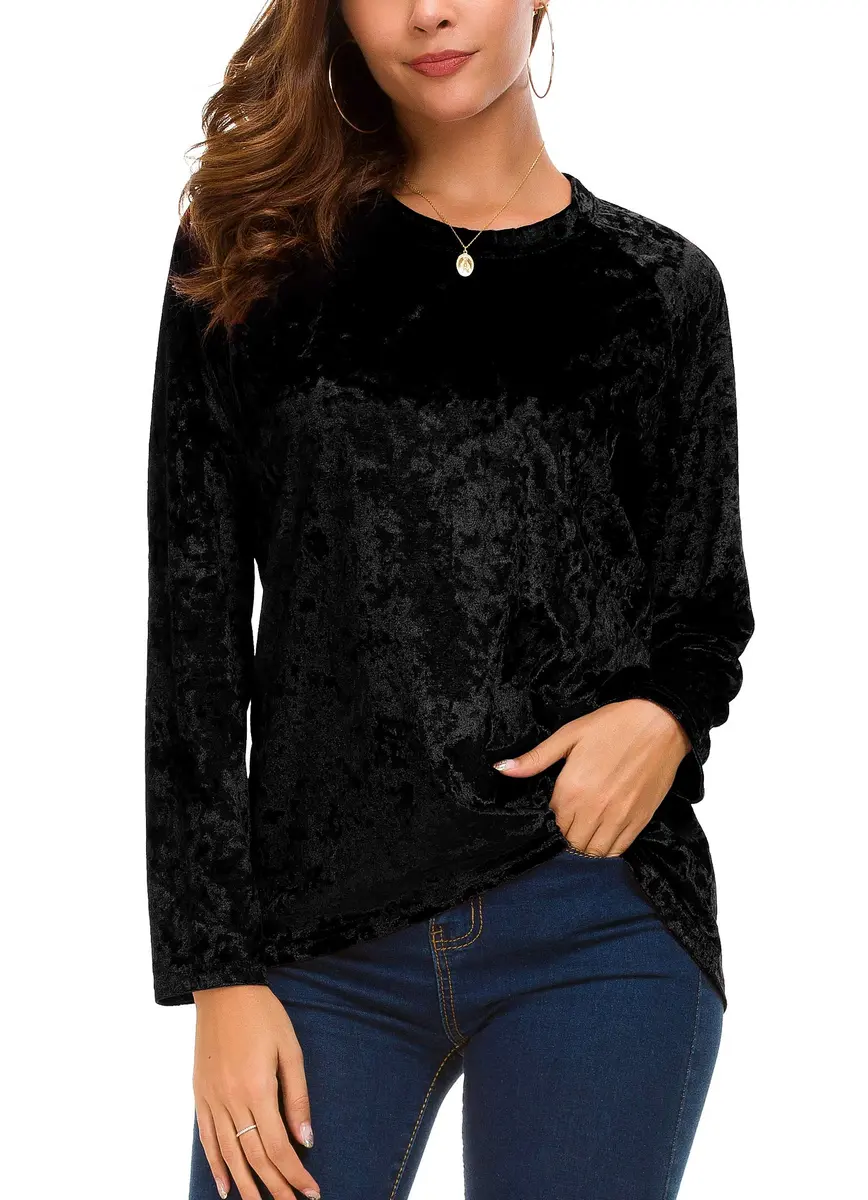 Urban CoCo Vintage Velvet T-Shirt Casual Long Sleeve Top (M, Black) | Elegant Velvet Design for Daily & Party Wear - view 3