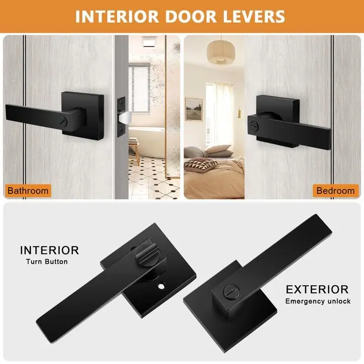Probrico Interior Privacy Door Handles, Matte Black Square Locking Levers for Bedroom/Bathroom, Heavy Duty Zinc Alloy, 6 Pack - view 3