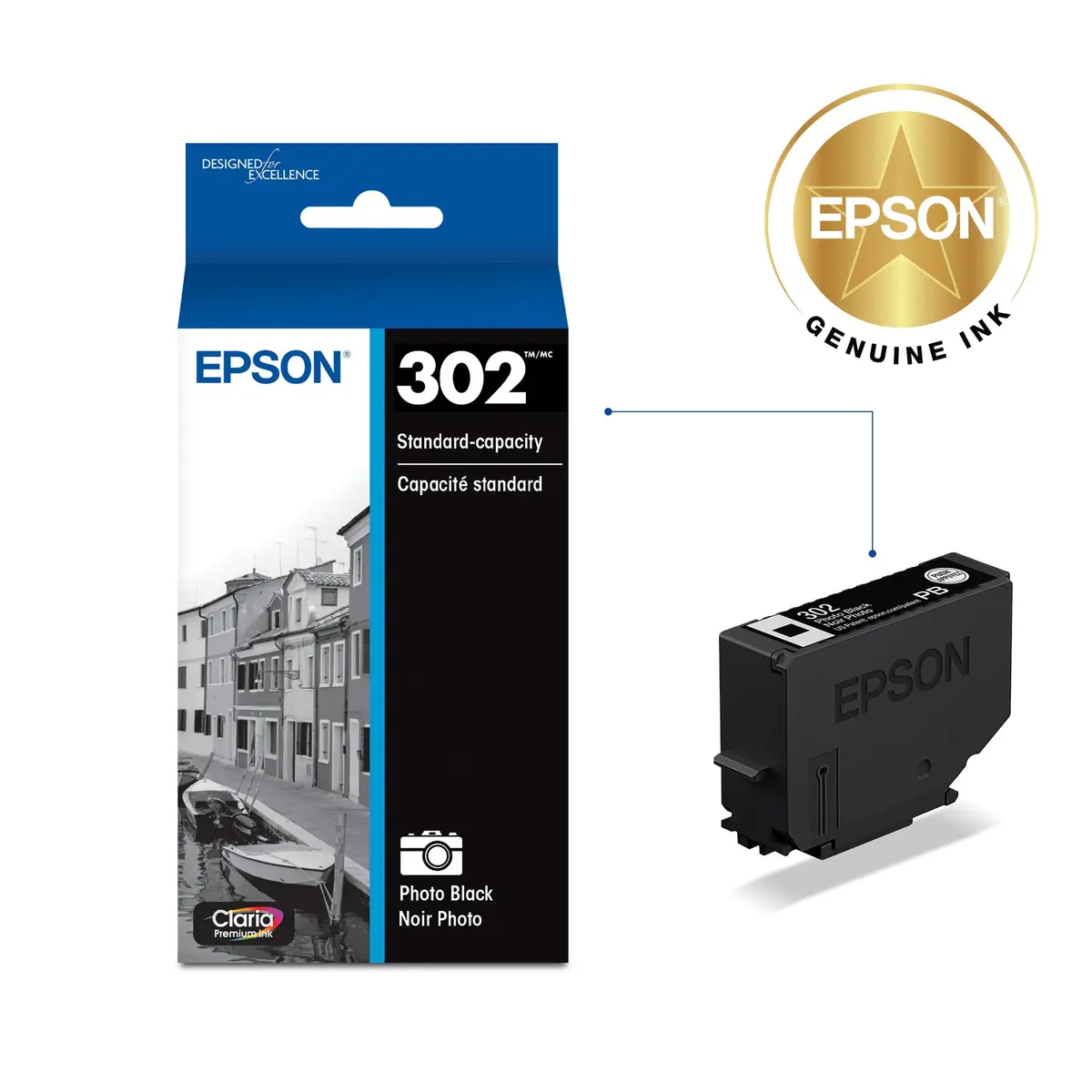 Epson 302 Claria Premium Ink Cartridge (T302120-S) Standard Capacity Photo Black | Sharp Photos & Text - view 2