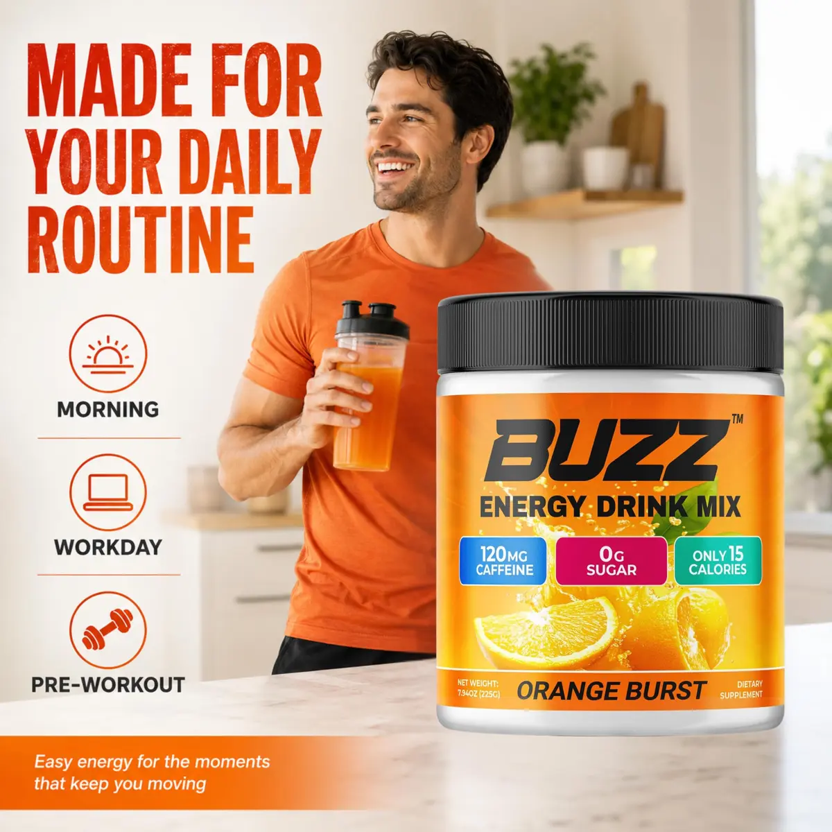 Morning Buzz Sugar Free Nutritional Supplement 8oz | Orange Burst Flavor for Energy & Focus - view 3