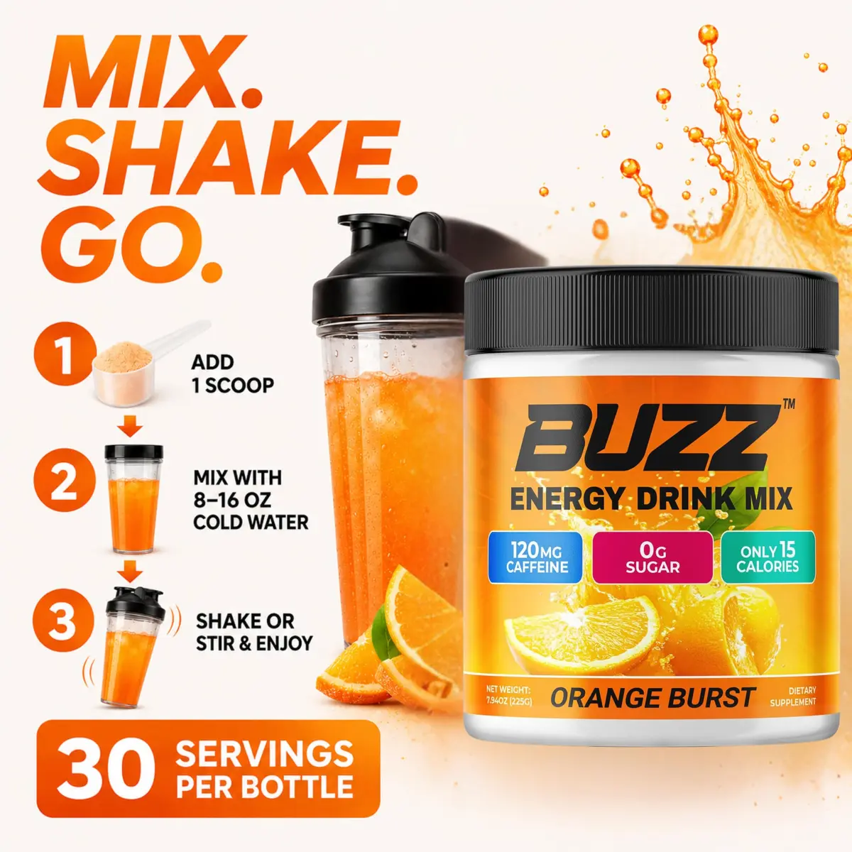 Morning Buzz Sugar Free Nutritional Supplement 8oz | Orange Burst Flavor for Energy & Focus - view 4