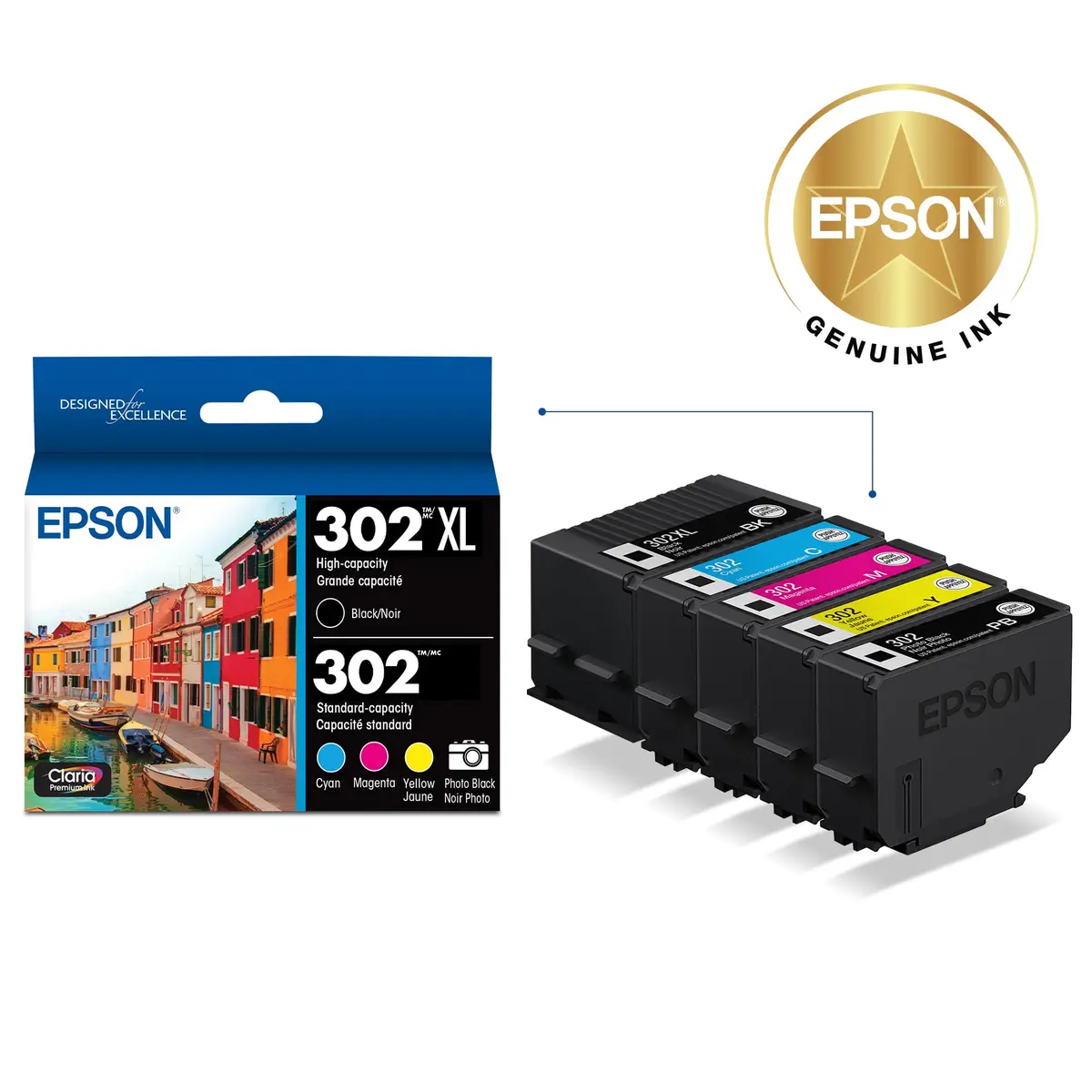Epson 302 Claria Premium Ink High Capacity Black & Standard Color Cartridge Combo Pack (T302XL-BCS) - 5 Cartridges - view 2