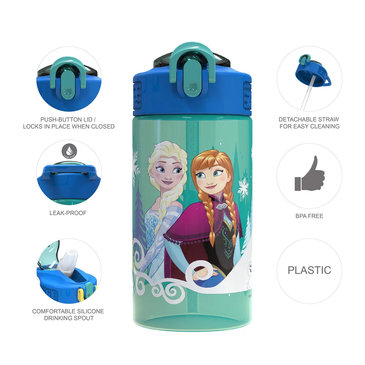 Zak Designs Disney Frozen 16oz (473ml) Leak-Proof Straw Kids Water Bottle | BPA-Free Plastic - view 2