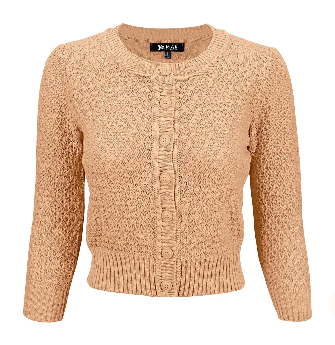 YEMAK Women's Cropped Crewneck Cardigan 3/4 Sleeve Tan | Vintage Casual Layering - main product image