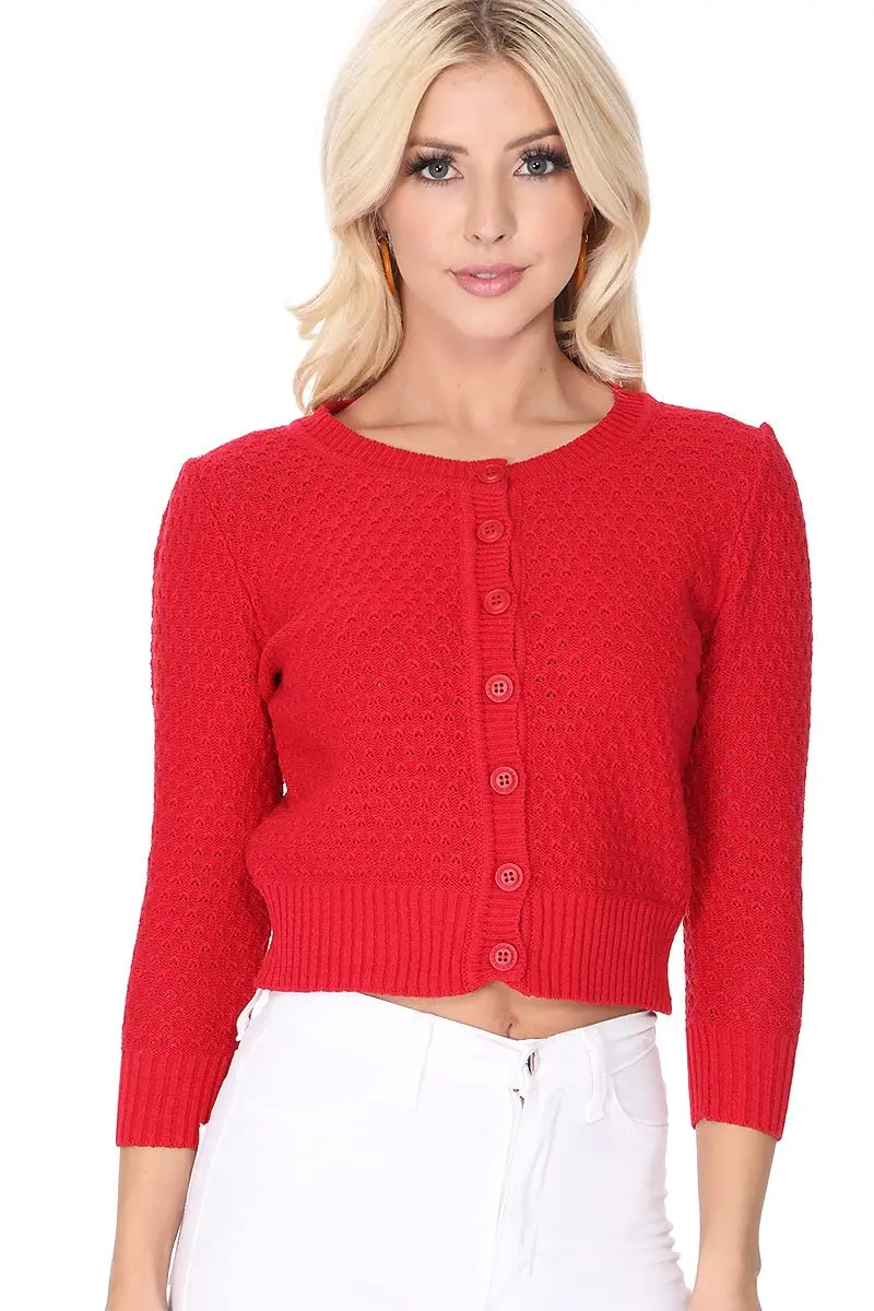 YEMAK Women's Cropped Crewneck Cardigan 3/4 Sleeve Tan | Vintage Casual Layering - view 2