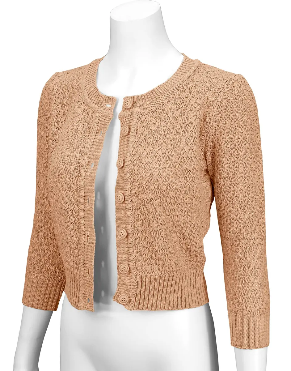 YEMAK Women's Cropped Crewneck Cardigan 3/4 Sleeve Tan | Vintage Casual Layering - view 3