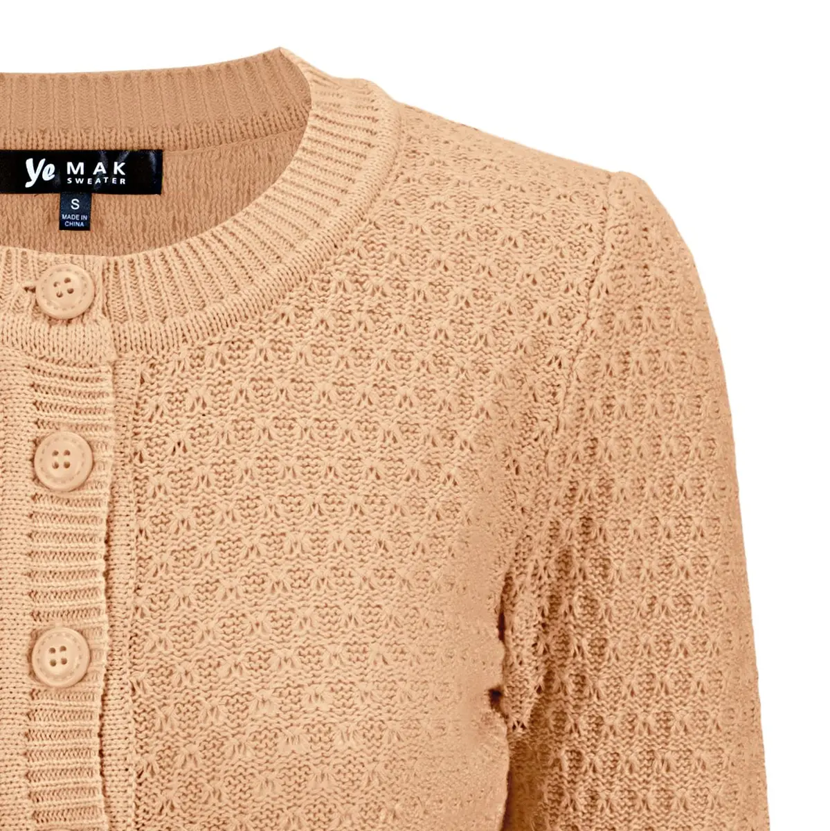 YEMAK Women's Cropped Crewneck Cardigan 3/4 Sleeve Tan | Vintage Casual Layering - view 4