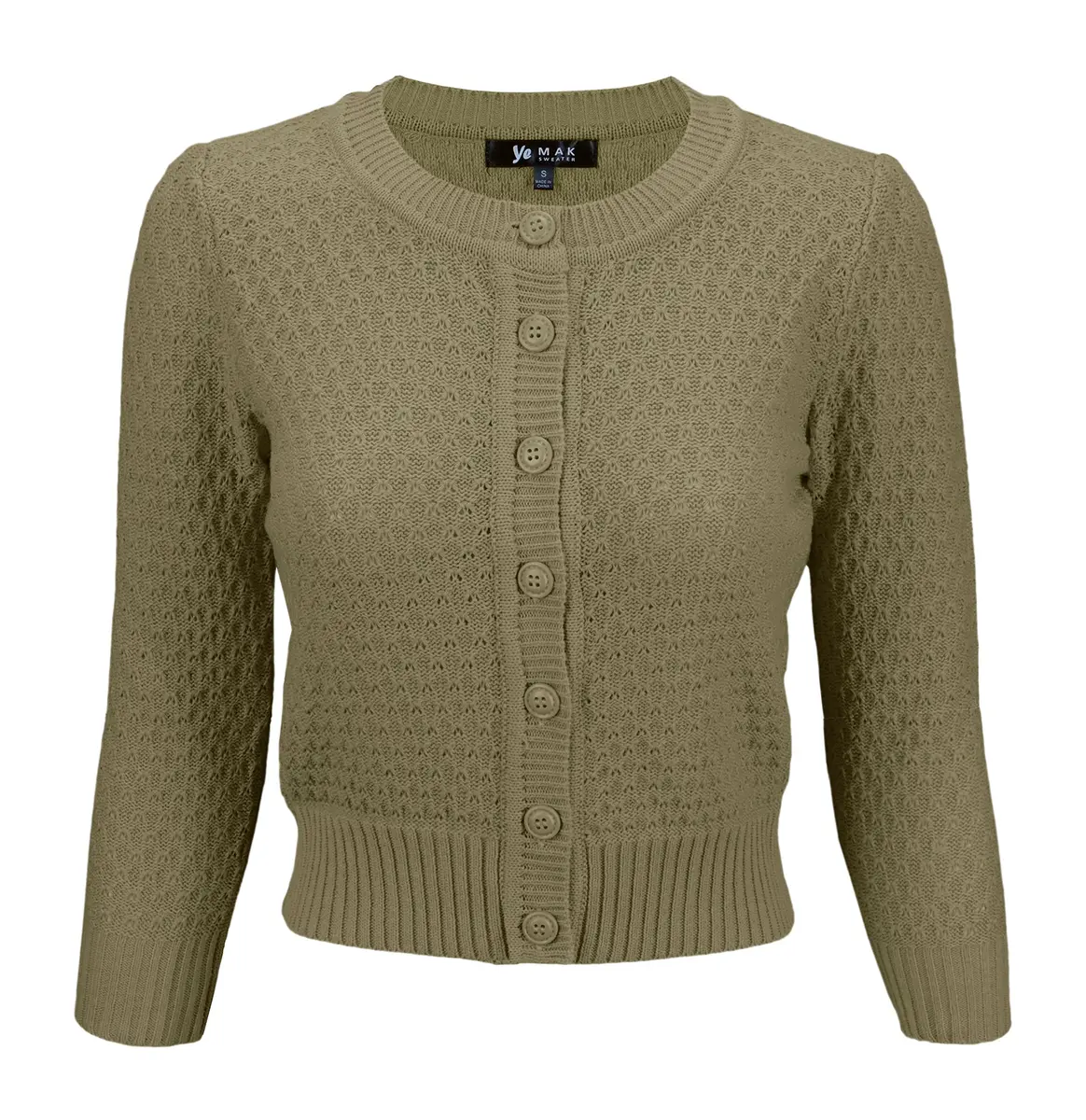 YEMAK Cropped Daily Cardigan Sweater Vintage Inspired Olive Large | Casual Vintage Knit - main product image