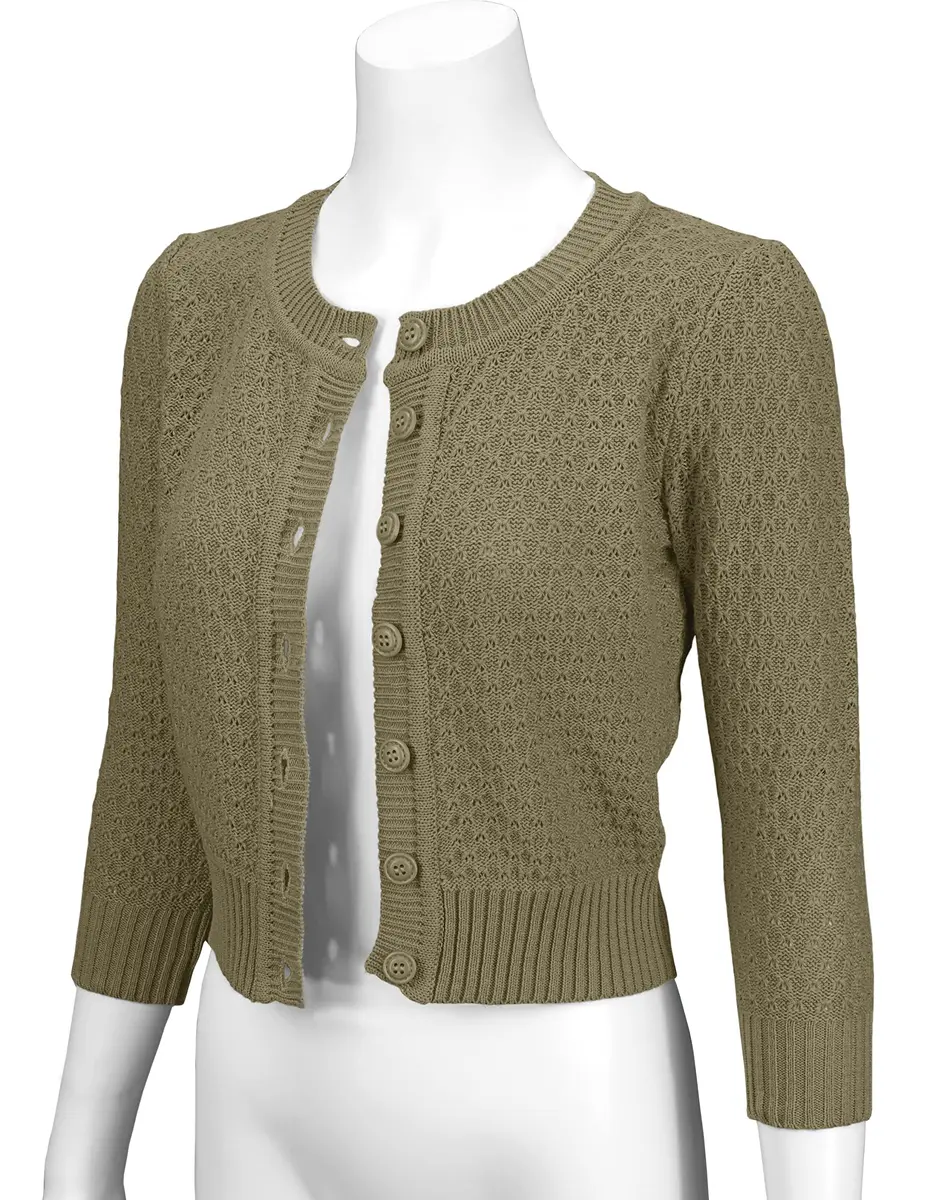YEMAK Cropped Daily Cardigan Sweater Vintage Inspired Olive Large | Casual Vintage Knit - view 3