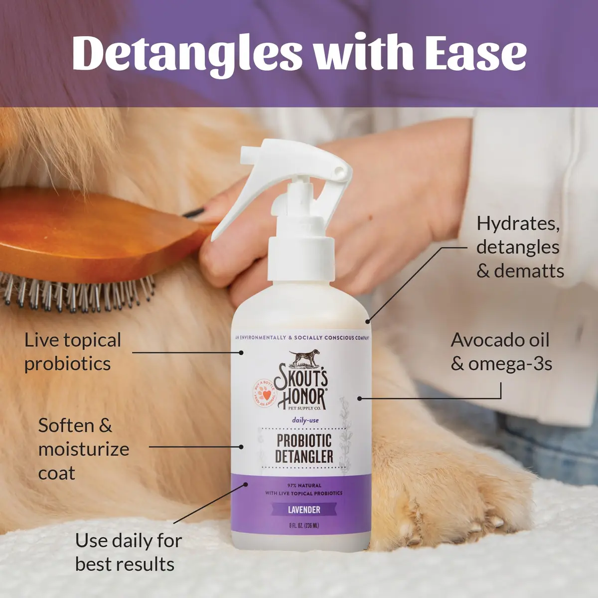 SKOUT'S HONOR Probiotic Dog Detangler Spray - Lavender, 8 oz | Hydrates & Softens Coat for Daily Use - view 6