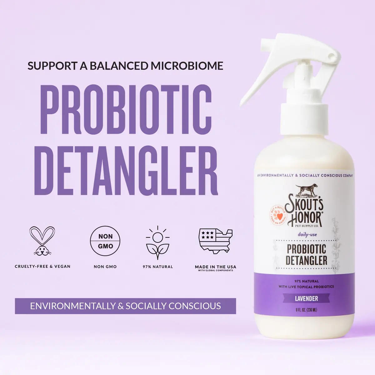 SKOUT'S HONOR Probiotic Dog Detangler Spray - Lavender, 8 oz | Hydrates & Softens Coat for Daily Use - view 2