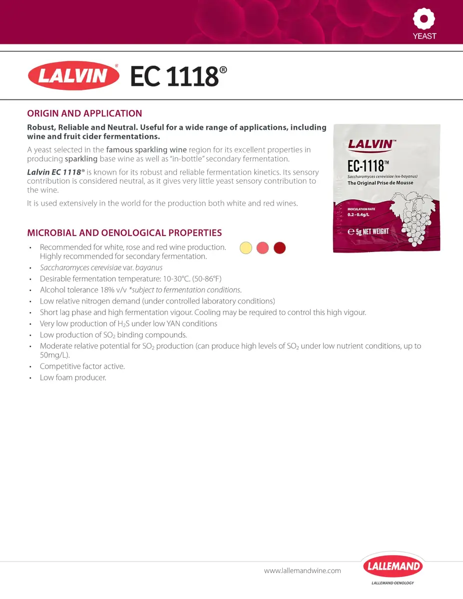 Lalvin EC-1118 Champagne Yeast 5g Sachet | Suitable for Sparkling & Late Harvest Wines - view 8