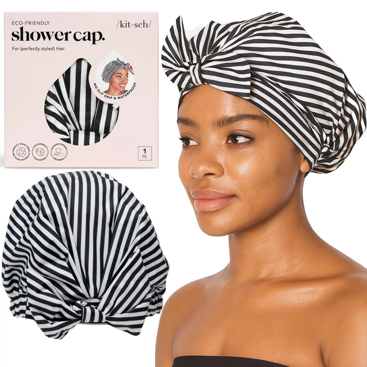 Kitsch Luxury Large Shower Cap for Women - Stripe, 14.2cm (5.6in) x 16.6cm (6.5in) x 3.4cm (1.3in) - main product image