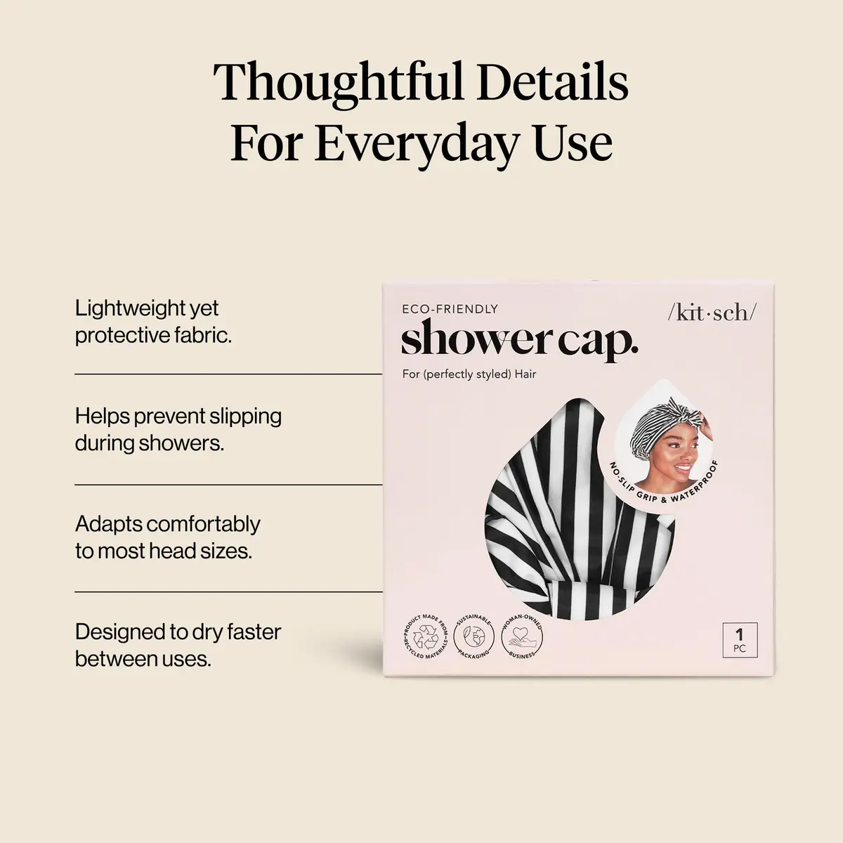 Kitsch Luxury Large Shower Cap for Women - Stripe, 14.2cm (5.6in) x 16.6cm (6.5in) x 3.4cm (1.3in) - view 3