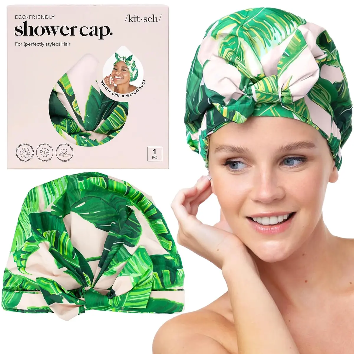 Kitsch Luxury Large Shower Cap for Women - Palm Leaves | Reusable Waterproof Hair Protection - main product image