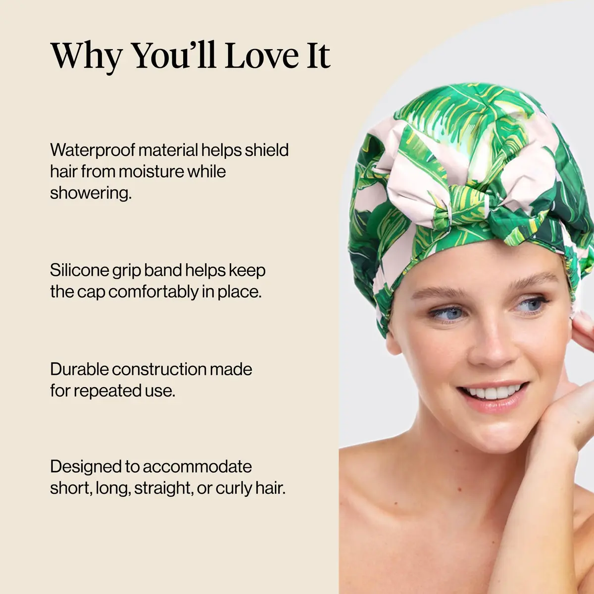 Kitsch Luxury Large Shower Cap for Women - Palm Leaves | Reusable Waterproof Hair Protection - view 5