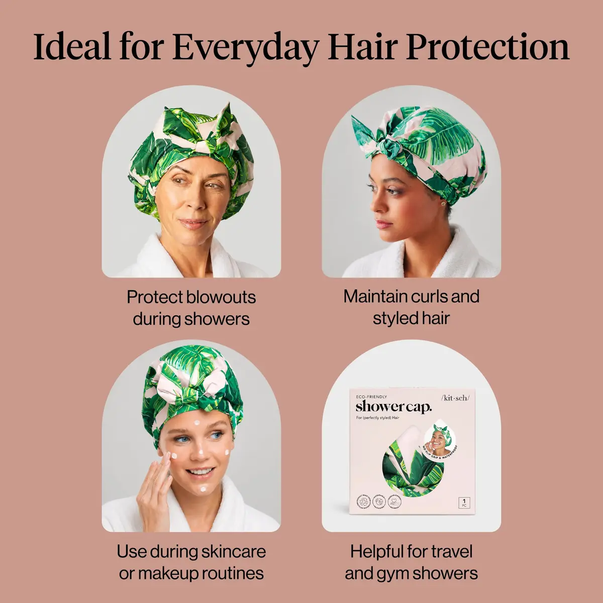 Kitsch Luxury Large Shower Cap for Women - Palm Leaves | Reusable Waterproof Hair Protection - view 6