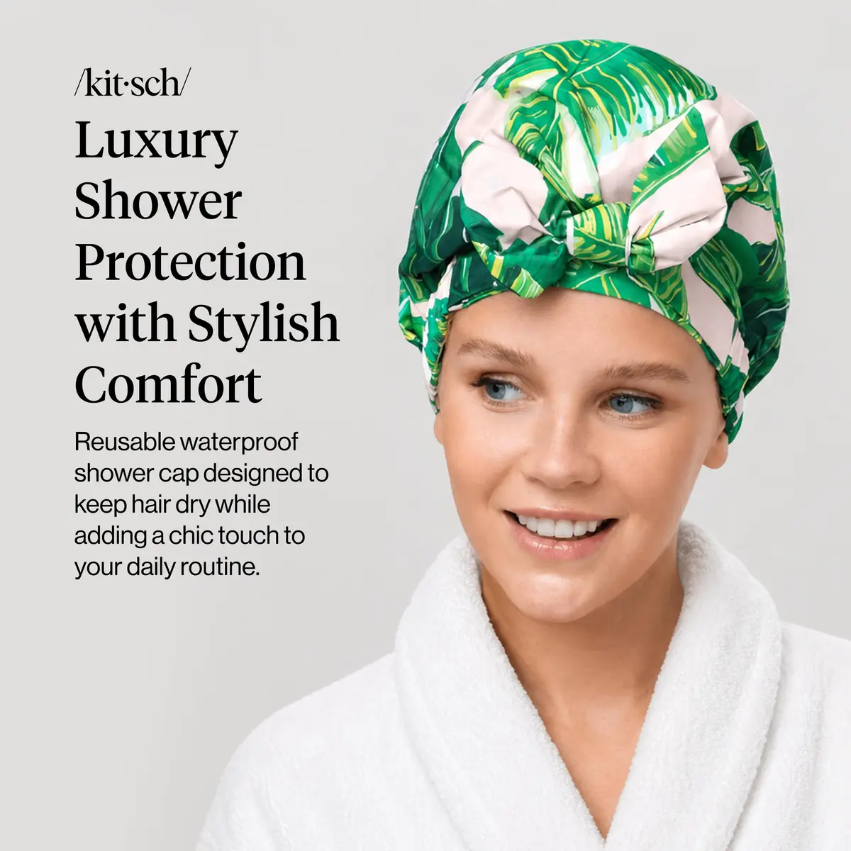 Kitsch Luxury Large Shower Cap for Women - Palm Leaves | Reusable Waterproof Hair Protection - view 2