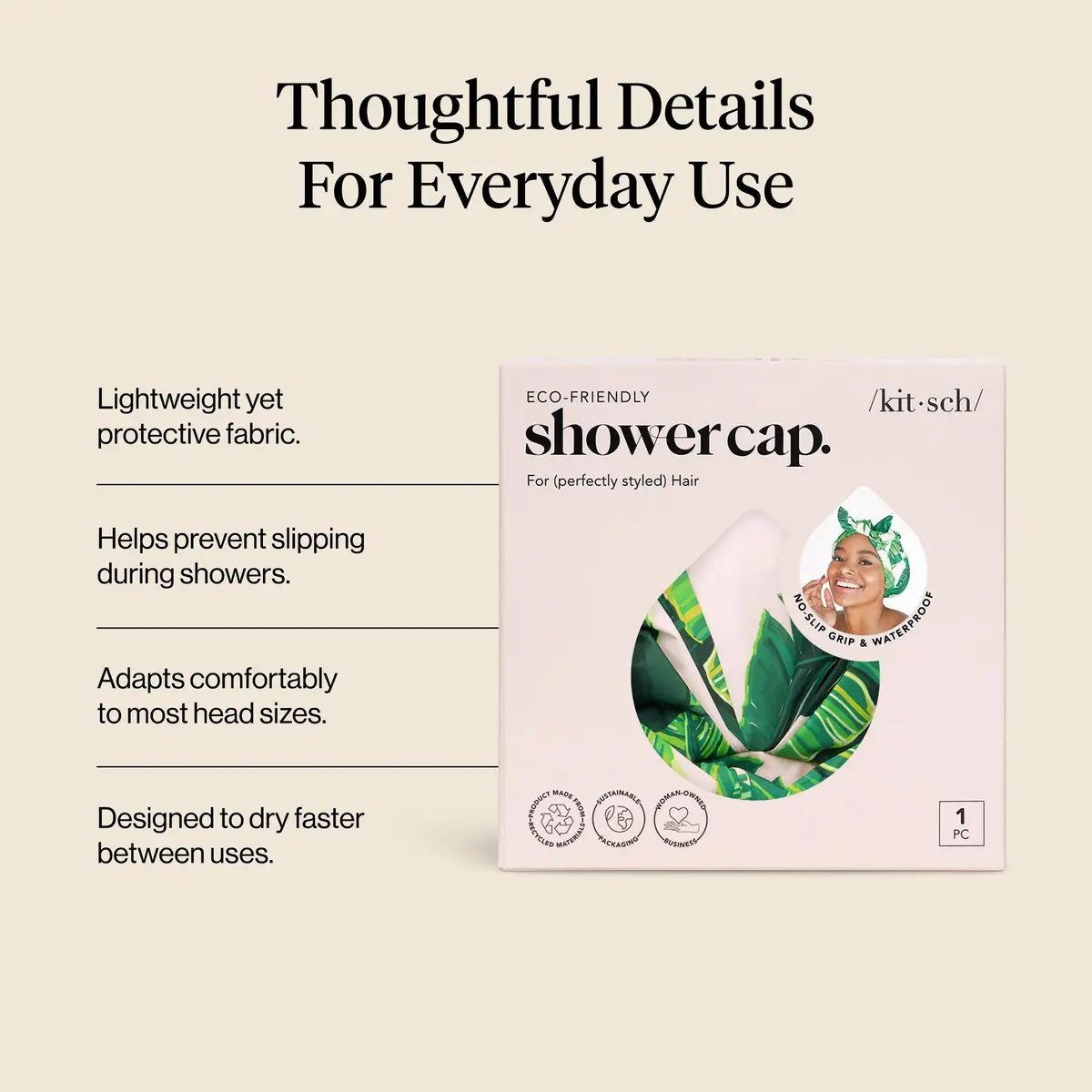 Kitsch Luxury Large Shower Cap for Women - Palm Leaves | Reusable Waterproof Hair Protection - view 3
