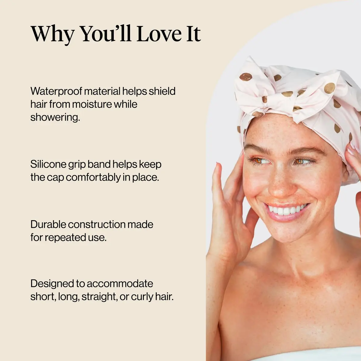 Kitsch Luxury Large Shower Cap for Women - Blush Dot | Waterproof & Reusable Hair Protection - view 5