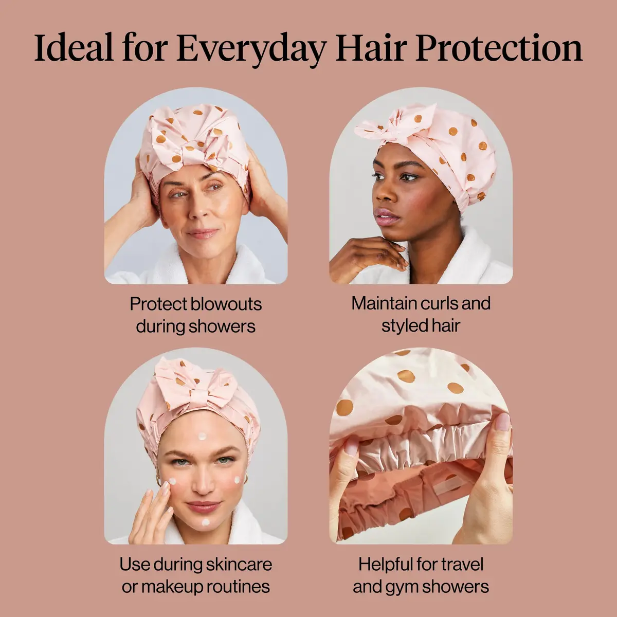 Kitsch Luxury Large Shower Cap for Women - Blush Dot | Waterproof & Reusable Hair Protection - view 6