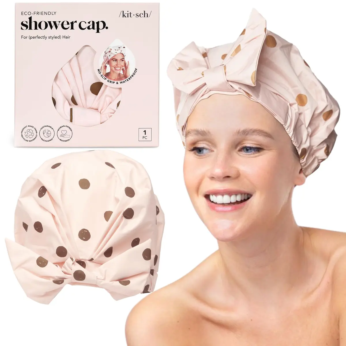 Kitsch Luxury Large Shower Cap for Women - Blush Dot | Waterproof & Reusable Hair Protection - main product image