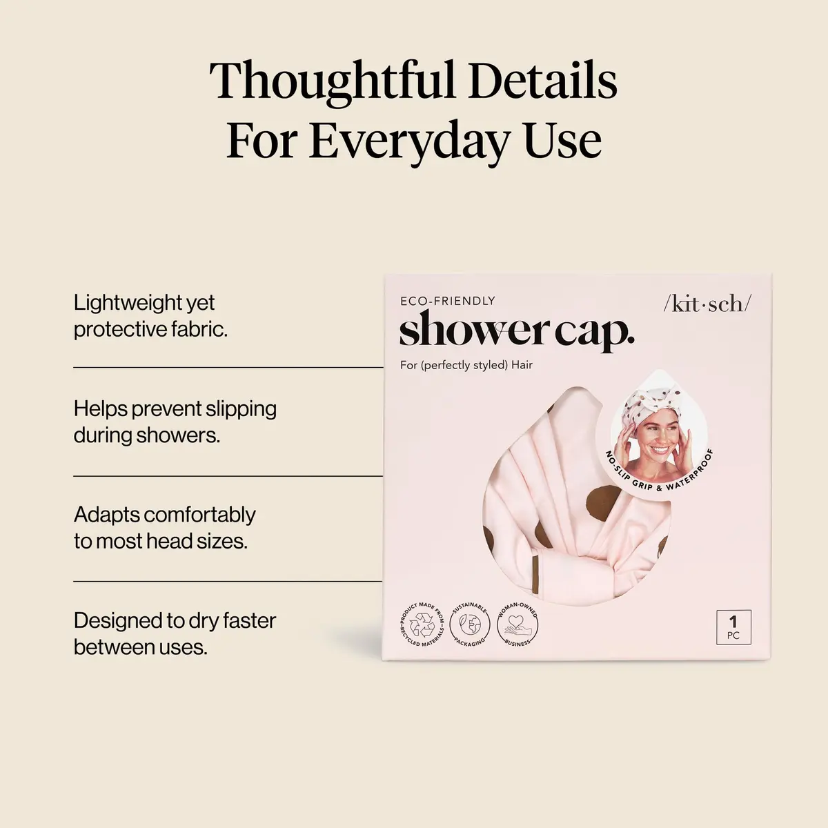 Kitsch Luxury Large Shower Cap for Women - Blush Dot | Waterproof & Reusable Hair Protection - view 3