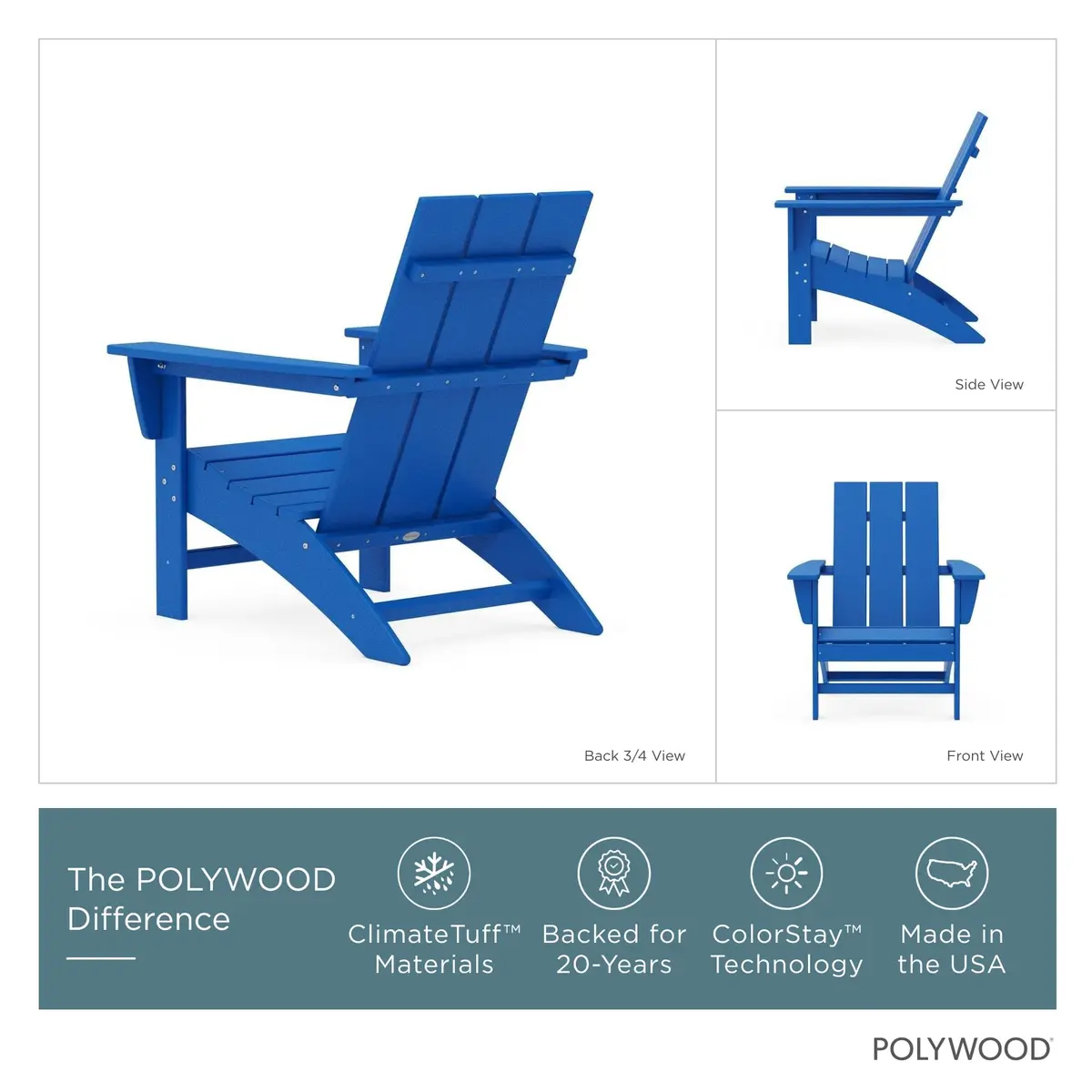 Polywood Modern Adirondack Chair – All-Weather Outdoor HDPE, Fade-Resistant, 32in Deep | Durable Patio Seating - view 3