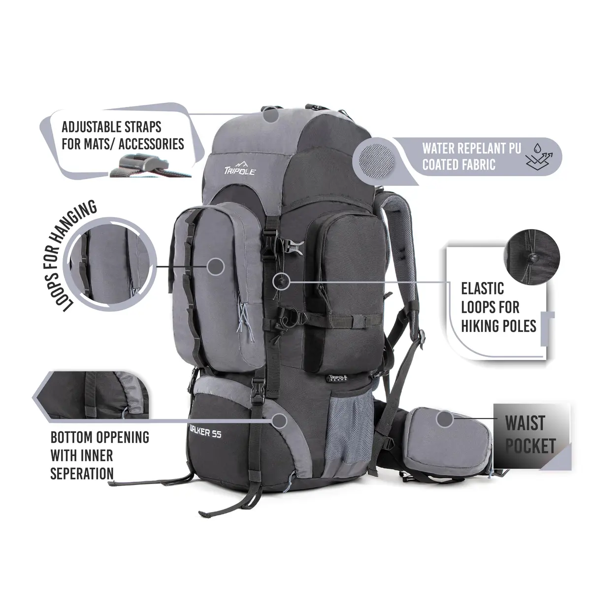 TRIPOLE Walker 65 Litres Rucksack Internal Frame with Metal Rod, Rain Cover, Bottom Opening, Laptop Section (Black) | 1.6 kg (3.5 lb) Heavy Duty Backpack - view 5