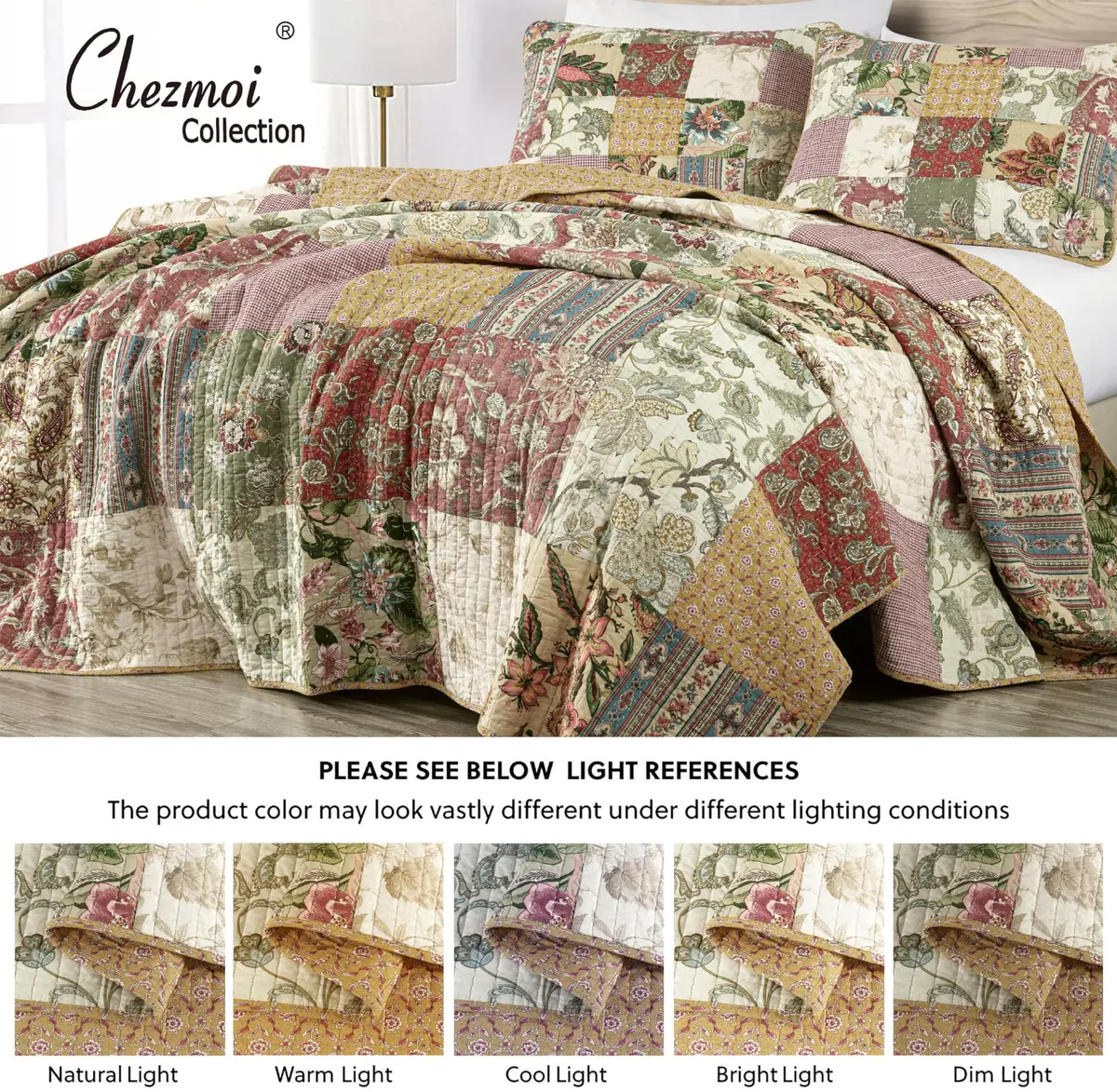Chezmoi Collection Delaney 3-Piece Floral Patchwork Quilt Set King | Vintage Cotton Comforter - view 5