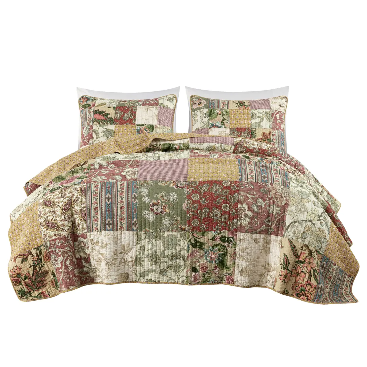 Chezmoi Collection Delaney 3-Piece Floral Patchwork Quilt Set King | Vintage Cotton Comforter - view 9