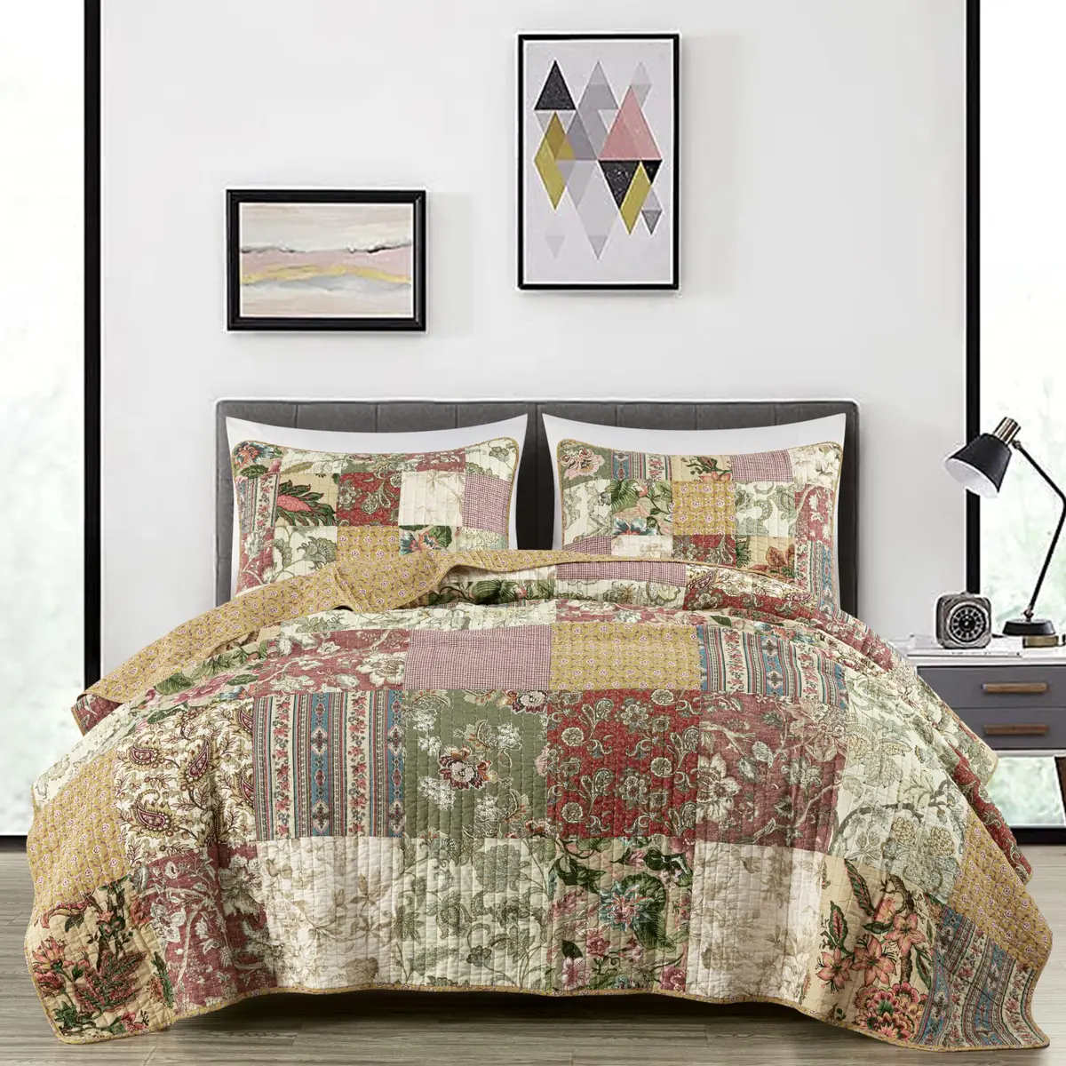 Chezmoi Collection Delaney 3-Piece Floral Patchwork Quilt Set King | Vintage Cotton Comforter - view 2