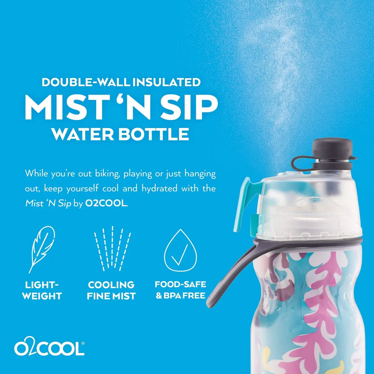 O2COOL Mist N Sip 20 oz (591 ml) Misting Sports Water Bottle Tropical | Insulated Double-Wall Design - view 5
