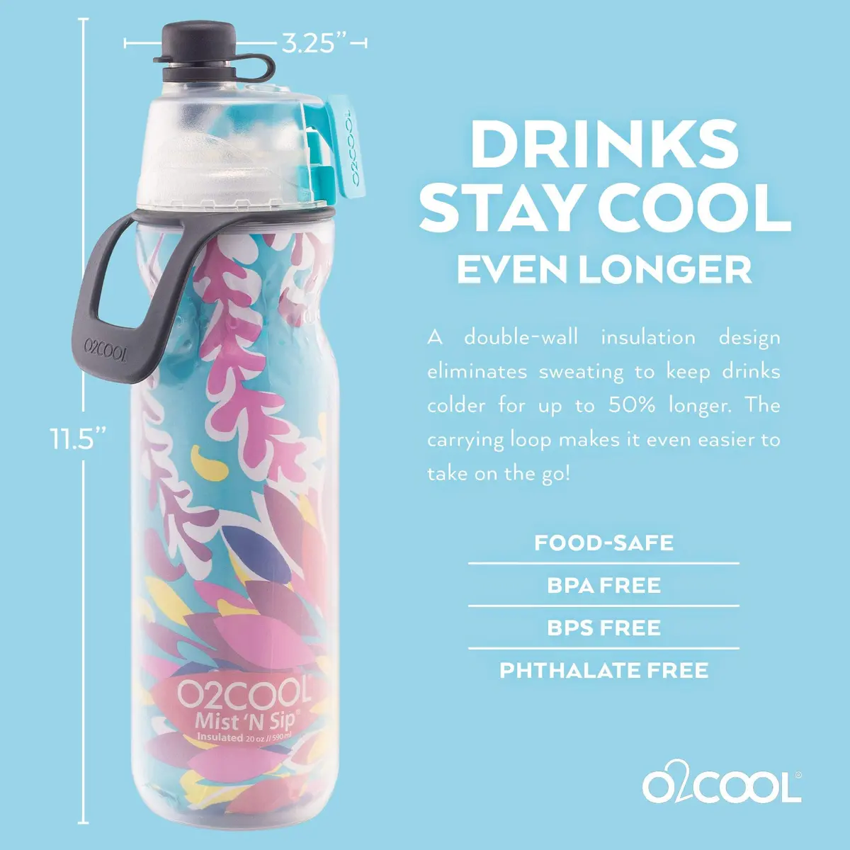 O2COOL Mist N Sip 20 oz (591 ml) Misting Sports Water Bottle Tropical | Insulated Double-Wall Design - view 3