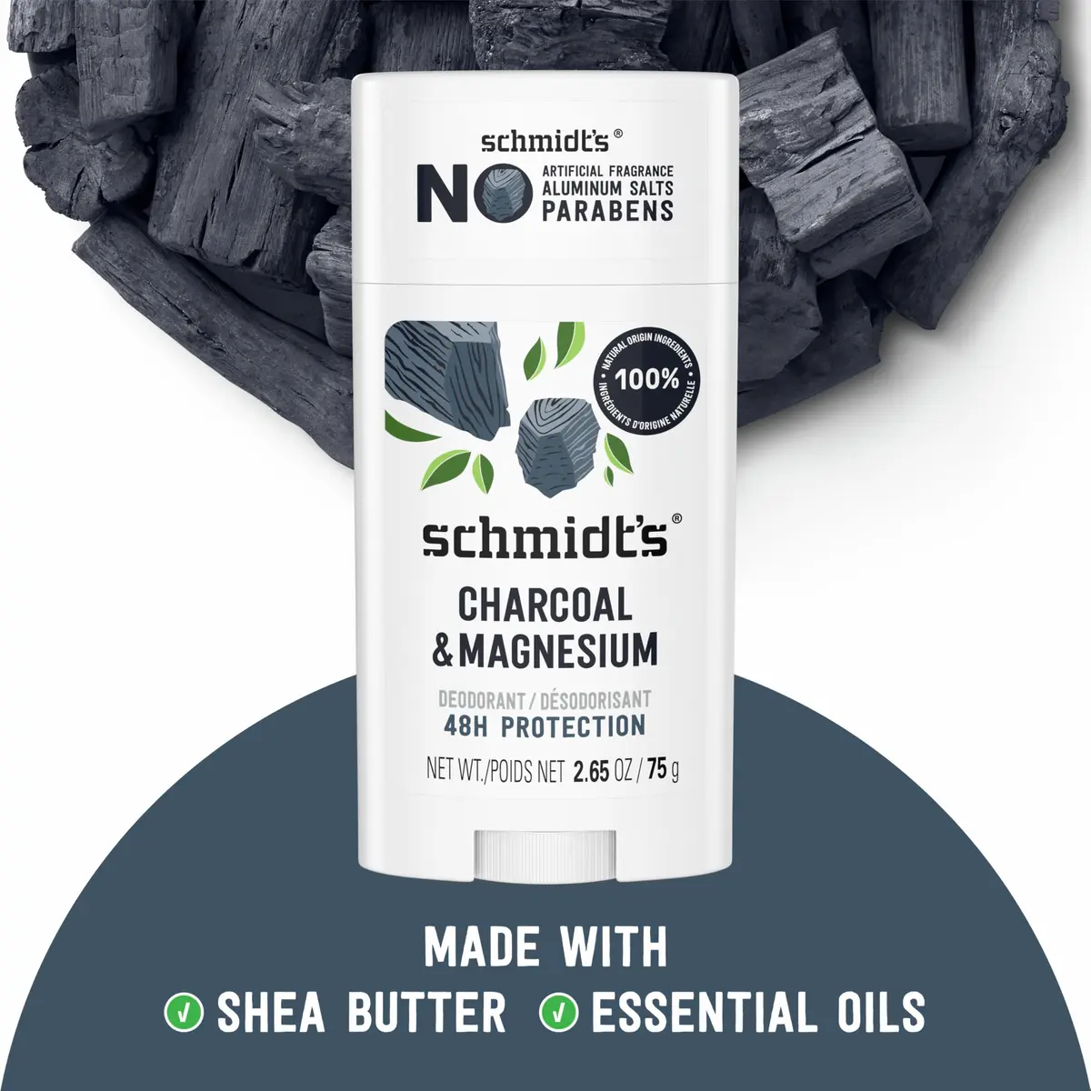 Schmidt's Vegan Deodorant Charcoal & Magnesium Stick 75g (2.65 oz) | 24-Hour Odor Protection - view 4