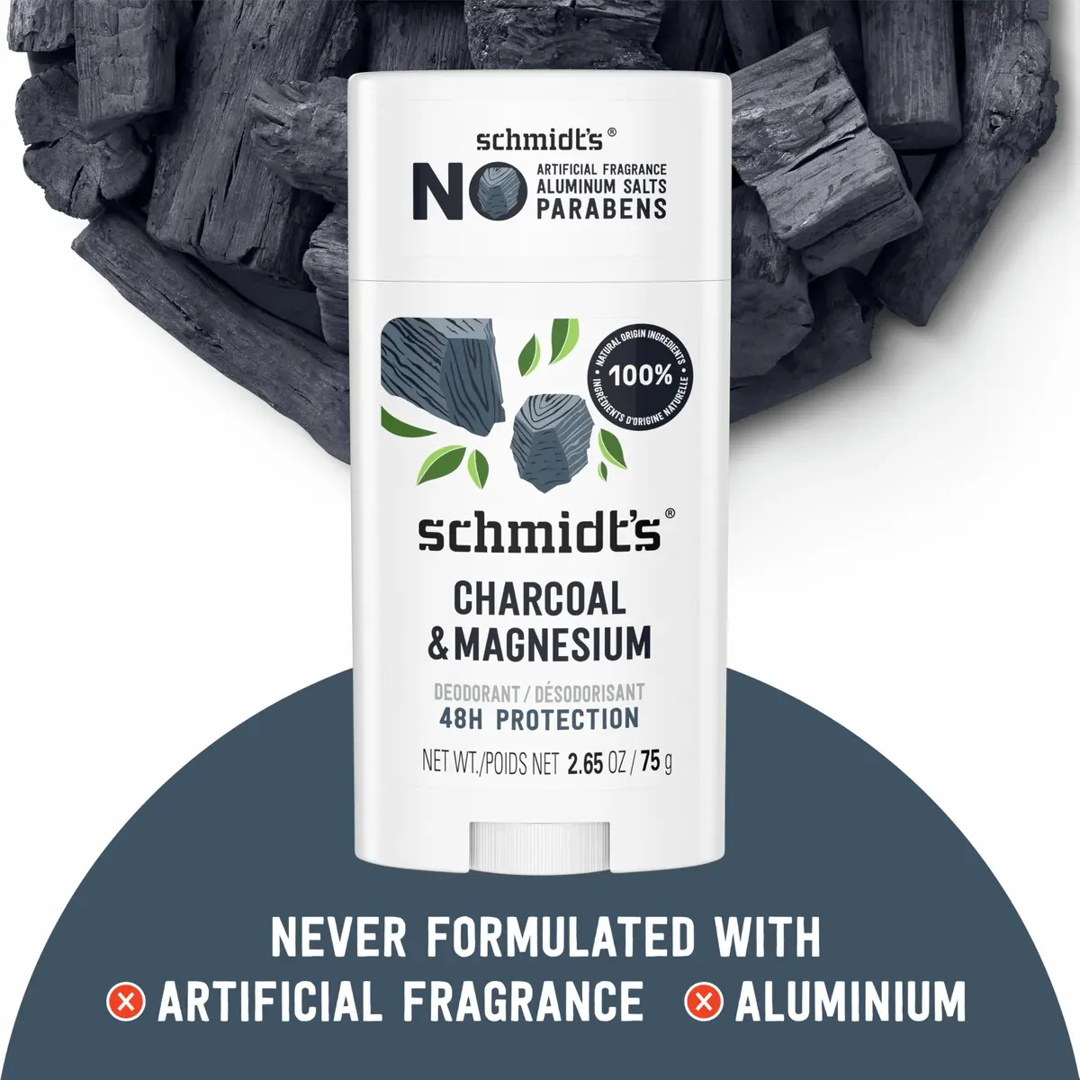 Schmidt's Vegan Deodorant Charcoal & Magnesium Stick 75g (2.65 oz) | 24-Hour Odor Protection - view 5