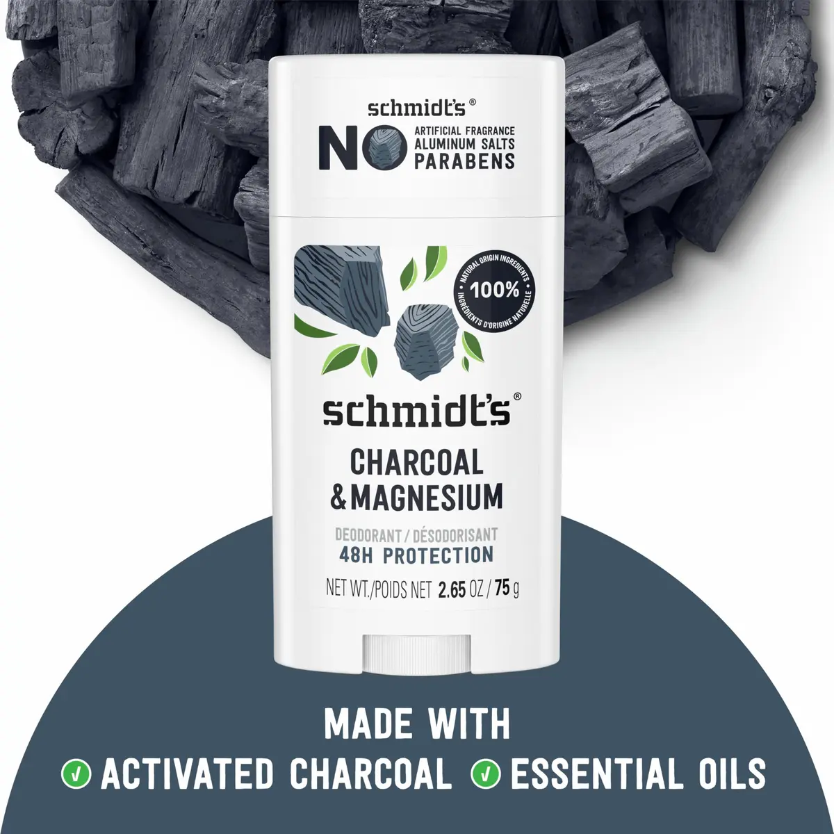 Schmidt's Vegan Deodorant Charcoal & Magnesium Stick 75g (2.65 oz) | 24-Hour Odor Protection - view 6