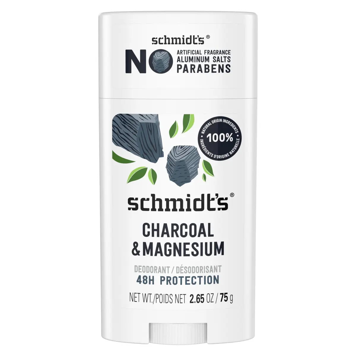 Schmidt's Vegan Deodorant Charcoal & Magnesium Stick 75g (2.65 oz) | 24-Hour Odor Protection - main product image
