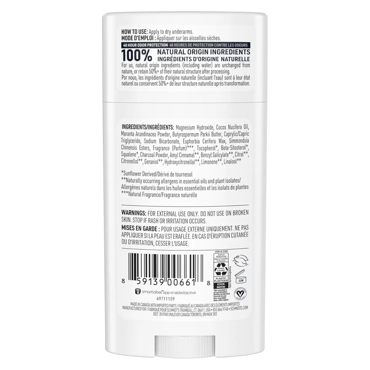 Schmidt's Vegan Deodorant Charcoal & Magnesium Stick 75g (2.65 oz) | 24-Hour Odor Protection - view 2