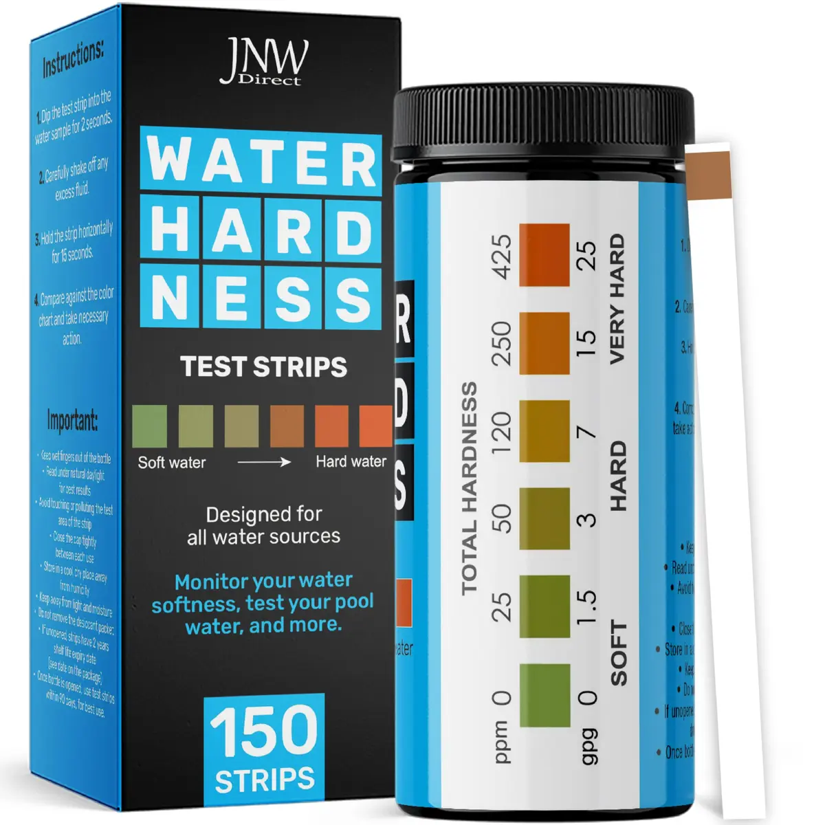 JNW Direct Water Hardness Test Strips 150 Count | Test Tap, Well, Softened Water - main product image
