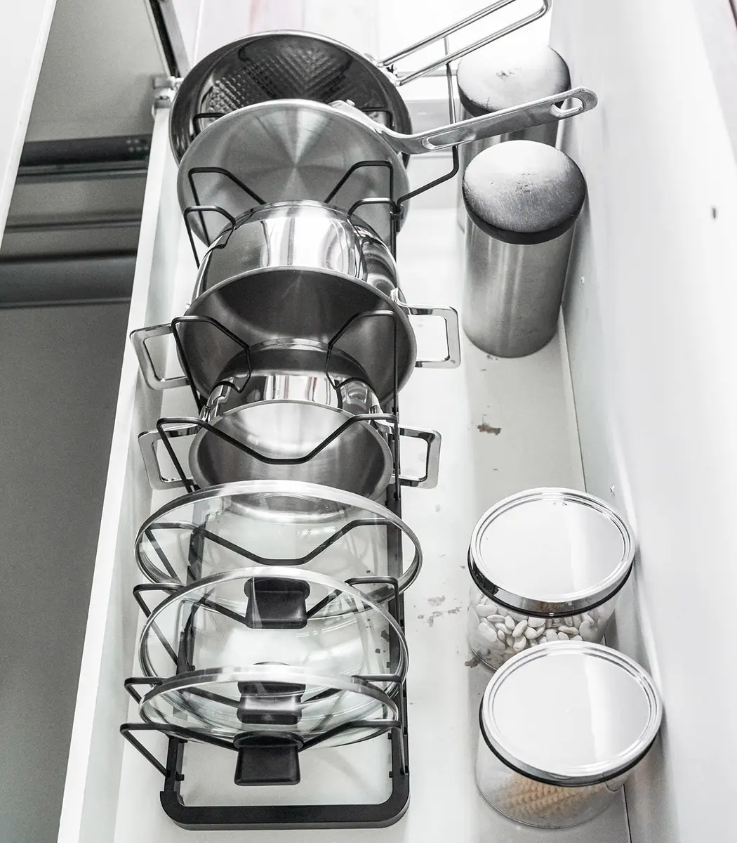 YAMAZAKI Adjustable Lid & Pan Organizer | Modern Steel Kitchen Storage Shelf Rack in Black - view 7