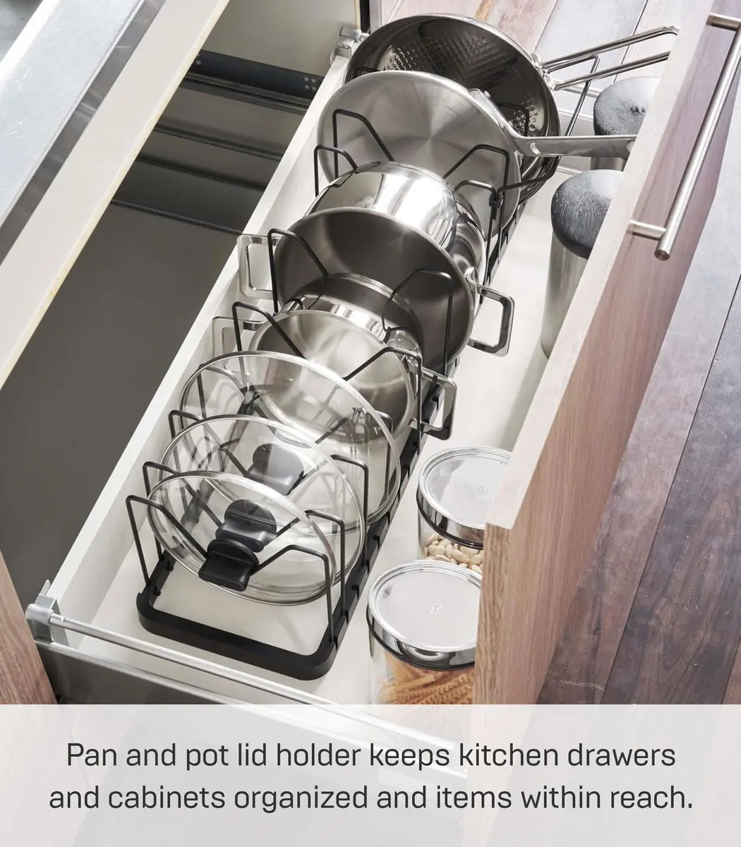 YAMAZAKI Adjustable Lid & Pan Organizer | Modern Steel Kitchen Storage Shelf Rack in Black - view 2